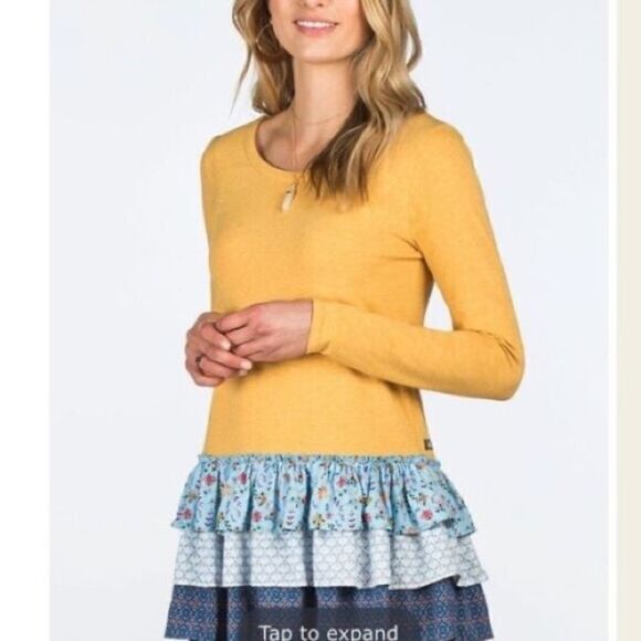 Matilda Jane Size Small Yellow Long Sleeve Patterned Ruffle Swing Blouse - Picture 1 of 5